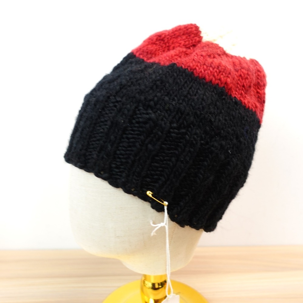 Wool Handmade Knit Beanie Hat Black Colorblock Red Chunky Winter Ski Artisan NEW